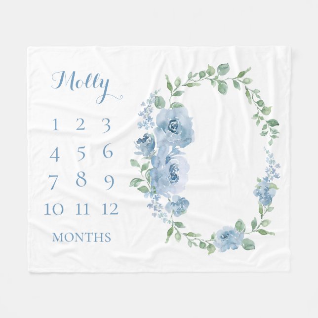 Baby Months Blue Floral Monogrammed Fleece Blanket (Front (Horizontal))