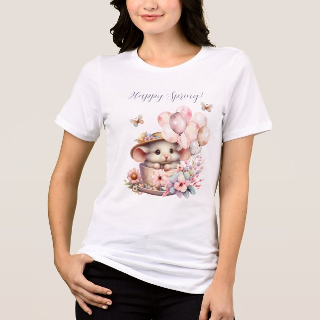 Baby Mouse Sitting in Tea Cup With Balloons Tri-Blend Shirt (Front)
