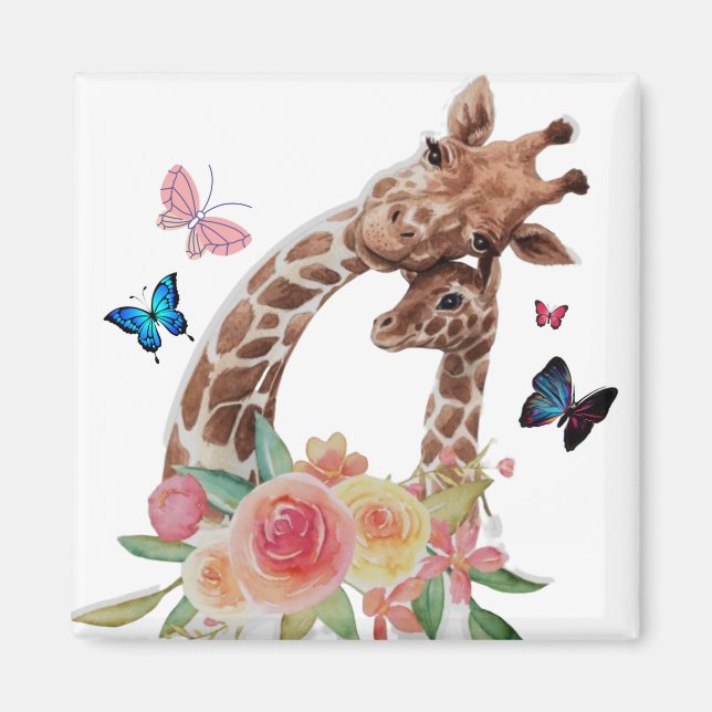 Baby & Mum Giraffe With Butterflies Magnet (Front)