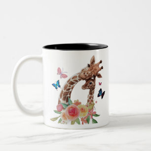 Baby & Mum Giraffe With Butterflies Two-Tone Coffee Mug