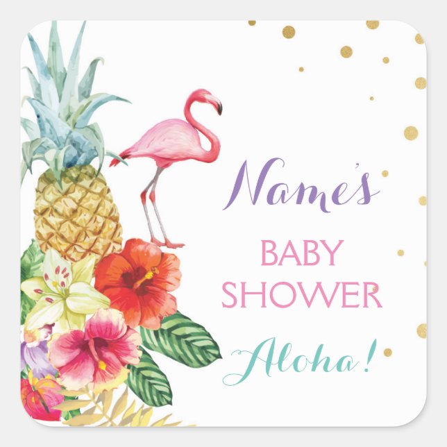 Baby Mum Shower Aloha Flamingo Tiki Stickers Label (Front)