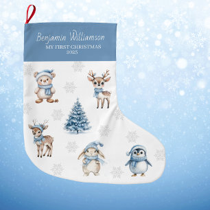 Baby My 1st Christmas Custom Woodland Blue Large Christmas Stocking
