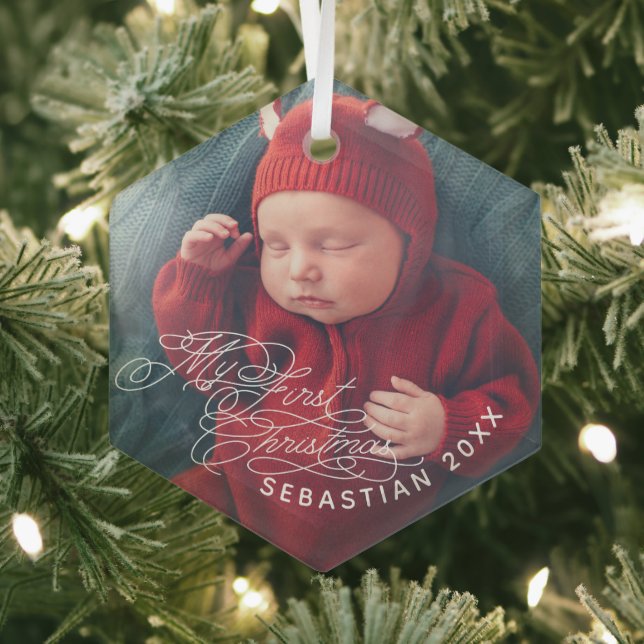 Baby My First Christmas Custom Text Photo Elegant Glass Tree Decoration (Insitu)