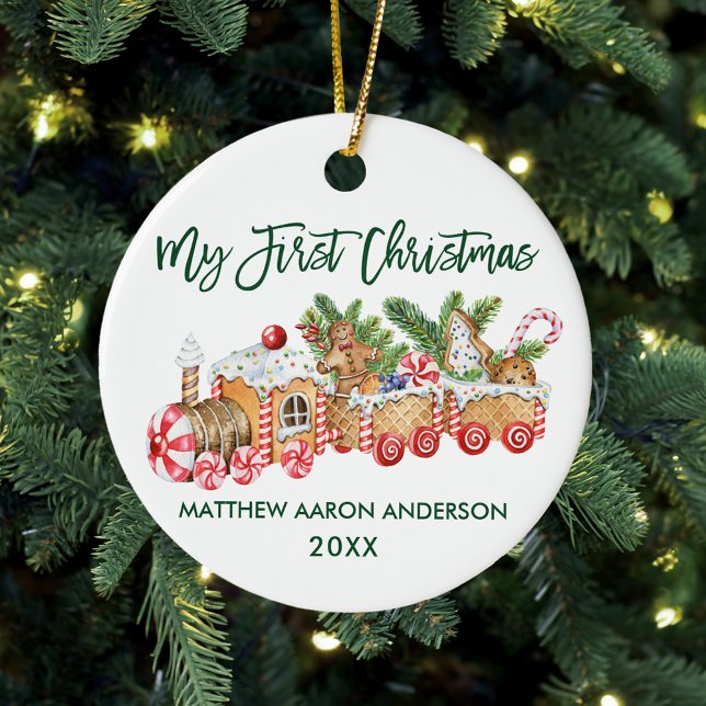 Baby My First Christmas Gingerbread Train Green Ceramic Tree Decoration (Baby's First Christmas Candy Cane Train Ornament)