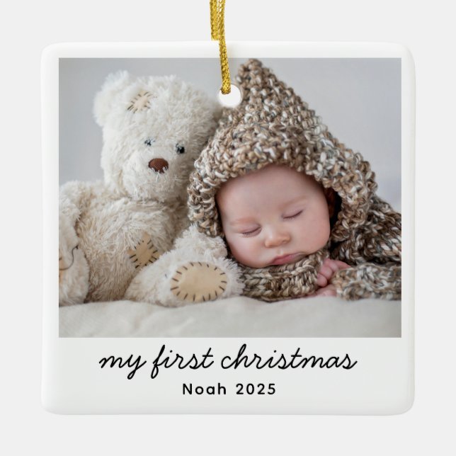 Baby My First Christmas Photo Modern Script Name Ceramic Ornament (Front)