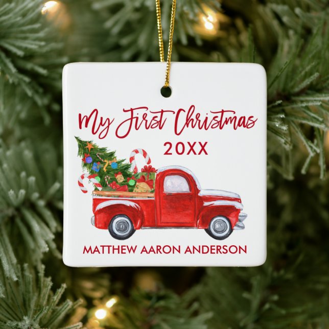 Baby My First Christmas Truck Candy Canes Red Ceramic Ornament (Tree)