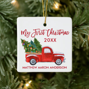 Baby My First Christmas Vintage Truck Red Ceramic Ornament