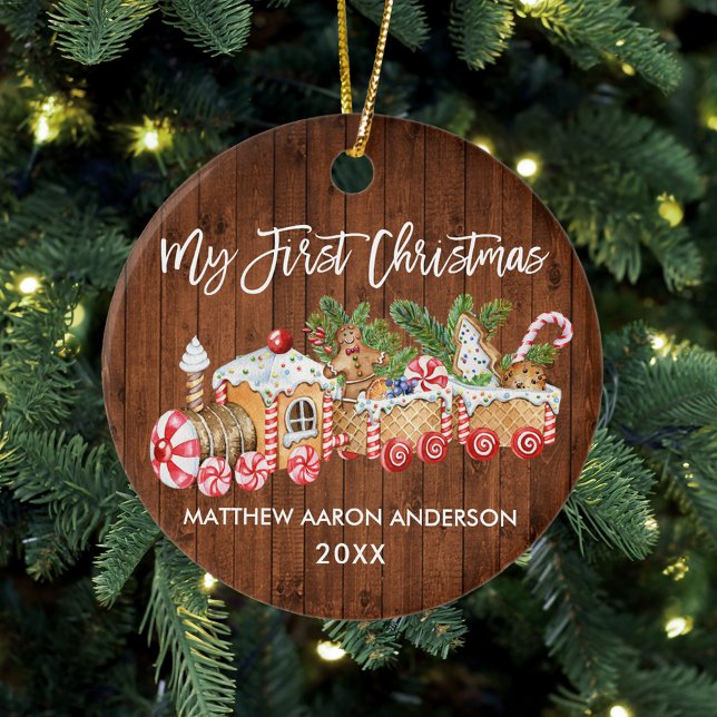 Baby My First Christmas Wood Gingerbread Train Ceramic Tree Decoration (Baby's First Christmas Candy Cane Train Ornament)