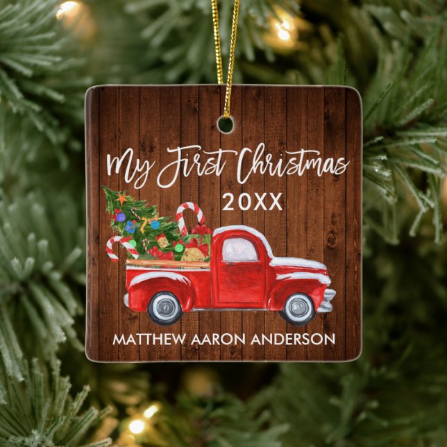 Baby My First Christmas Wood Red Truck Candy Canes Ceramic Ornament (Tree)