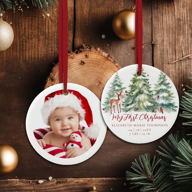 Baby My First Christmas Woodland Owl Deer Photo  Ceramic Tree Decoration (baby my first christmas ornament woodland deer owl frozen wonderland photo template red calligraphy)