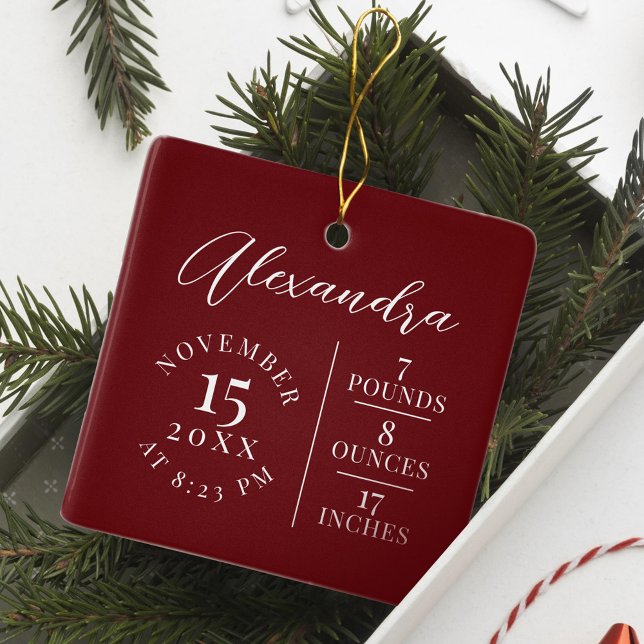  Baby Name & Birth Stats Photo Burgundy Keepsake Ceramic Ornament (Baby Name & Birth Stats Photo Burgundy Keepsake Ceramic Ornament)