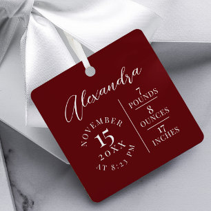  Baby Name & Birth Stats Photo Burgundy Keepsake Metal Tree Decoration
