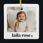 Baby Name Heart Photo Ceramic Ornament<br><div class="desc">This holiday ornament is perfect for parents,  godparents,  grandparents and loved ones featuring a photo of the baby. This design blends modern simplicity with seasonal charm. It features a photo and the little one's name in a bold typographical design is accompanied by a delicate heart next to it.</div>