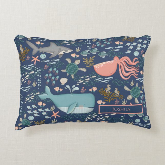 Baby Name Under the Sea Ocean Animal Nursery Decorative Cushion (Front)
