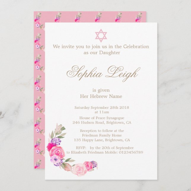 Baby Naming Ceremony Hebrew Girl Invitation (Front/Back)