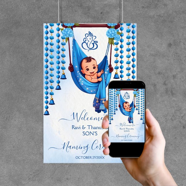 Baby Naming Cradle Ceremony blue welcome sign (Baby Naming Cradle Ceremony blue editable template welcome sign digital download Namkarana Hindu)
