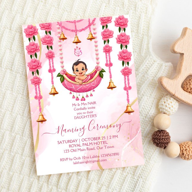 Baby Naming Cradle Indian Ceremony pink template (Baby Naming Cradle Indian Ceremony pink template invitation digital download cute baby pink flowers)