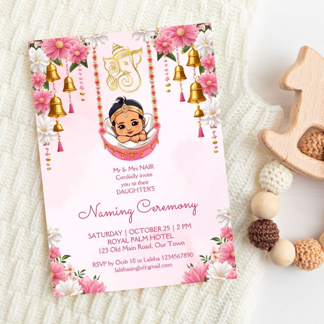 Baby Naming Cradle Indian Ceremony pink template (Baby Naming Cradle Indian Ceremony girls pink invitation  template digital download Namkarana cute)