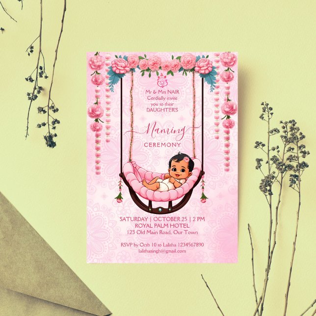 Baby Naming Cradle Indian Ceremony pink template (Baby Naming Cradle Indian Ceremony pink cute girl editable template invitation digital download)