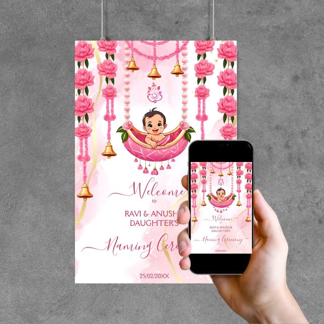 Baby Naming Cradle Indian Ceremony pink welcome Poster (Baby Naming Cradle Indian Namkaran Ceremony pink welcome sign editable template Poster digital downl)