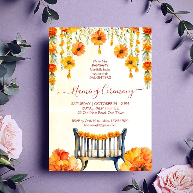 Baby Naming Cradle Indian Ceremony template (Baby Naming Cradle Indian Ceremony template invitation digital download orange yellow marigolds)
