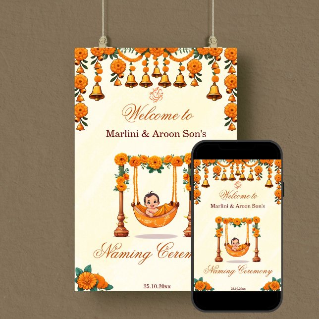 Baby Naming Cradle Indian Ceremony welcome sign (Baby naming cradle namkaran ceremony welcome sign editable template digital download marigolds crib)