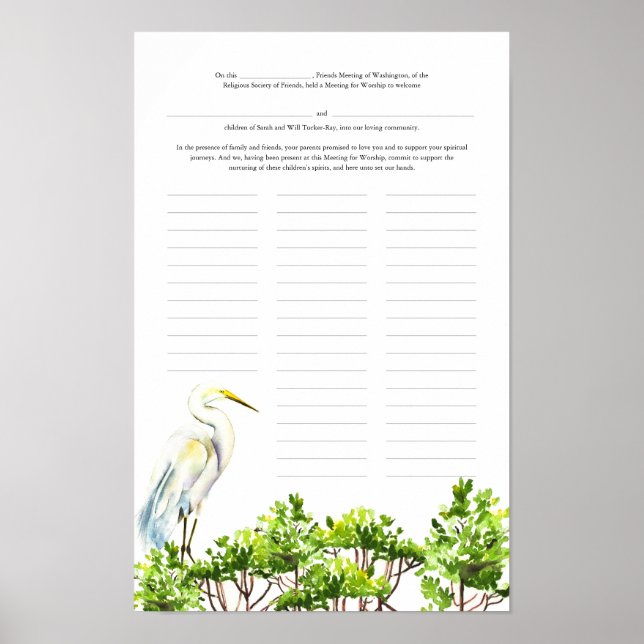 Baby Naming Day Certificate White Heron Mangrove Poster (Front)