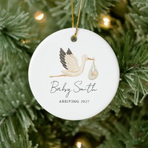 Baby Neutral Water Colour Stork Announcement Year Ceramic Tree Decoration