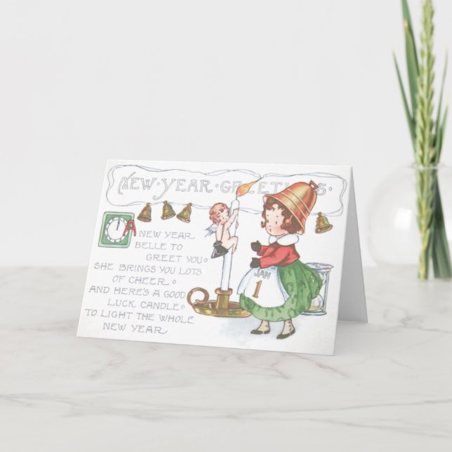 Baby New Year Candle Bells Clock Hourglass Holiday Card (Front)