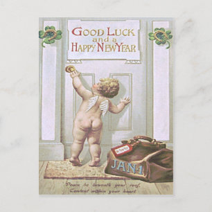 Baby New Year Cherub Angel Four Leaf Clover Holiday Postcard