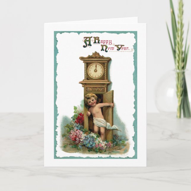 Baby New Year Exiting Clock Vintage Holiday Card (Front)