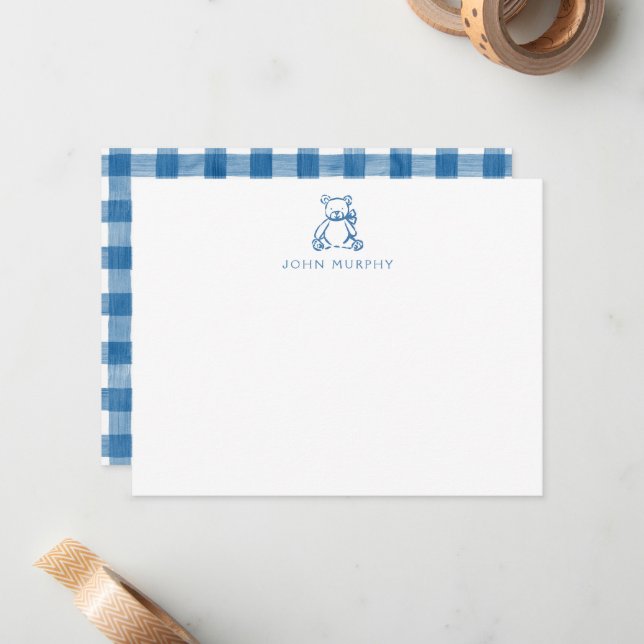 Baby Note Card, Blue Teddy Bear Gingham Flat Card (Front/Back In Situ)