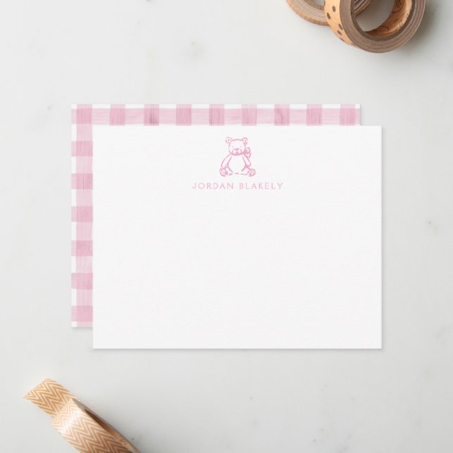 Baby Note Card, Light Pink Teddy Bear Gingham Flat Card (Front/Back In Situ)