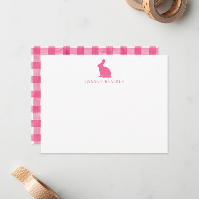 Baby Note Card, Pink Bunny Gingham Flat Card (Front/Back In Situ)