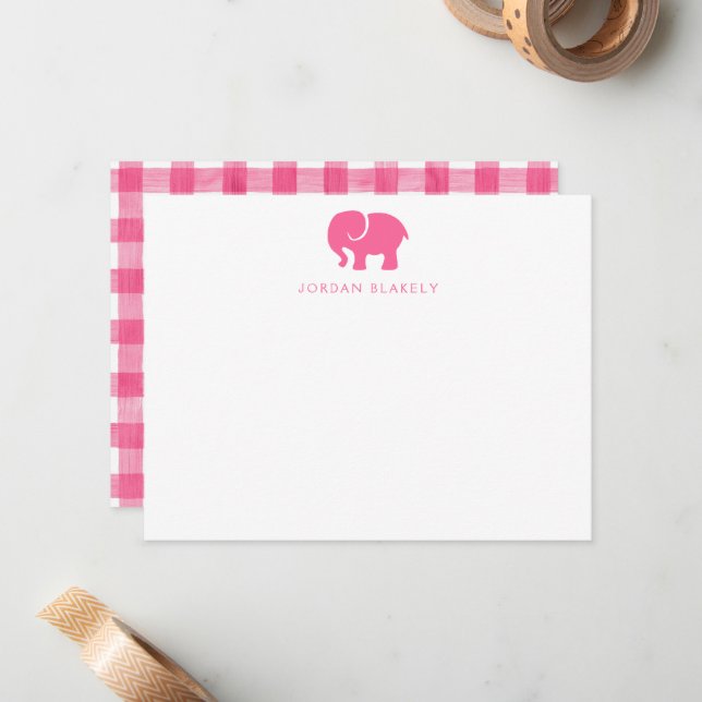 Baby Note Card, Pink Elephant Gingham Flat Card (Front/Back In Situ)