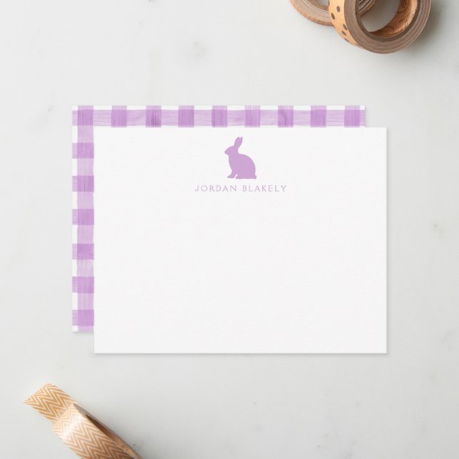 Baby Note Card, Purple Bunny Gingham Flat Card (Front/Back In Situ)