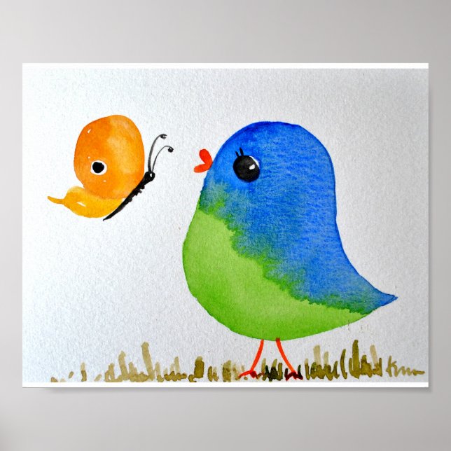Baby Nursery wallart_  Watercolor Blue Bird Poster (Front)