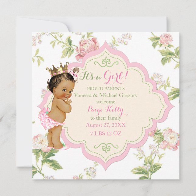 Baby of Colour Girl Pink Green Roses Flowers Flora Announcement (Front)