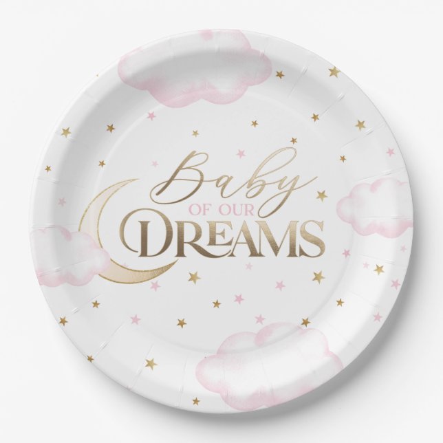 Baby of our Dreams Moon and Stars Pink Baby Shower Paper Plate (Front)