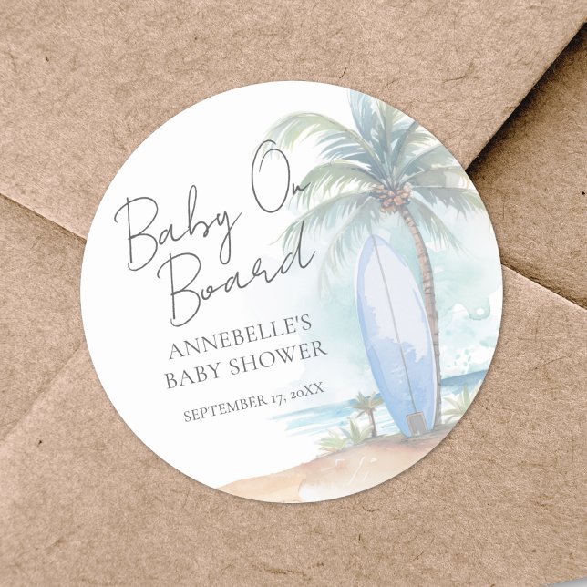 Baby On Board Beach Baby Shower Classic Round Sticker (Baby On Board Beach Baby Shower Classic Round Sticker)