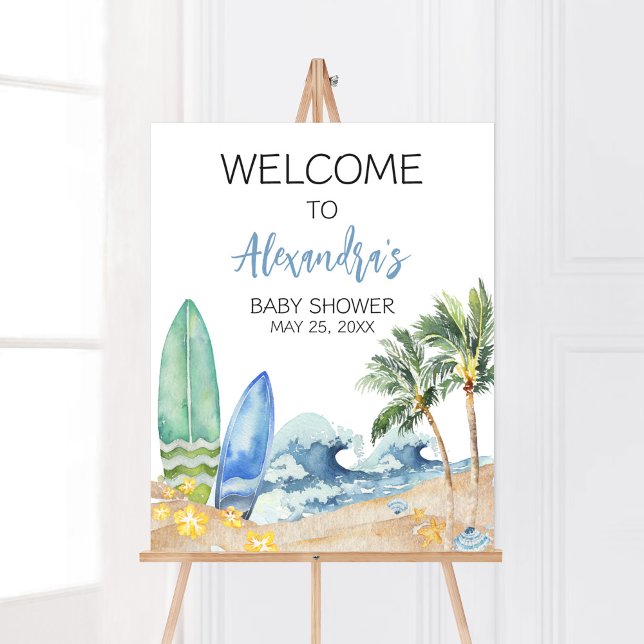 Baby on Board Beach Baby Shower Welcome Poster (Surfing Summer Boy Baby Shower Welcome Sign)