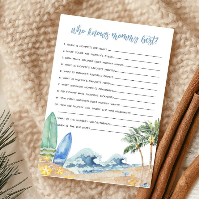 Baby on Board Beach Baby Who knows Mummy Best Game (Surfing Summer Boy Baby Shower Who knows Mommy Best Game)