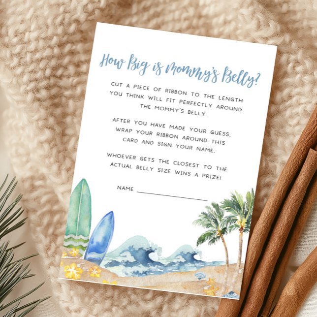 Baby on Board Beach How Big is Mummy's Belly Game (Surfing Summer Boy Baby Shower How Big is Mommy's Belly Game)