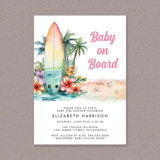 Baby On Board Beach Surf Baby Girl Shower Invitation (Creator Uploaded)