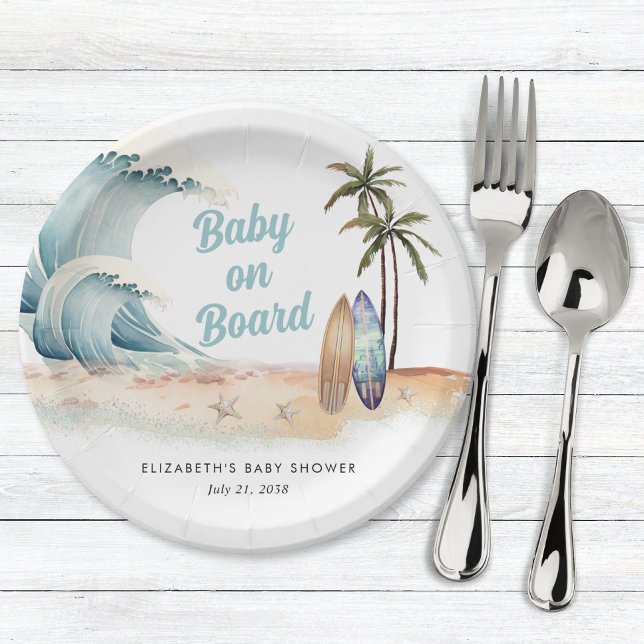 Baby On Board Beach Surfing Baby Shower Paper Plate (Creator Uploaded)