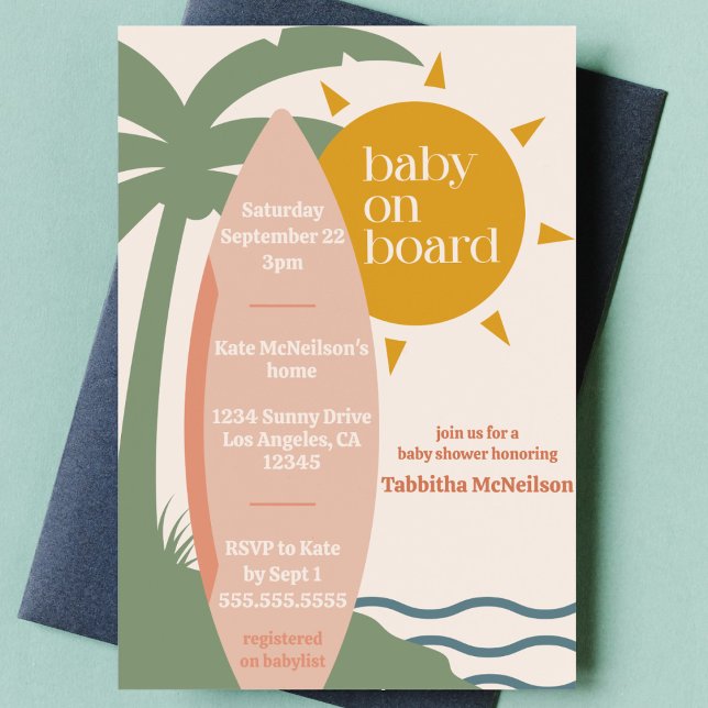 "Baby on Board" Beach Surfing Ocean Baby Shower Invitation ("baby on board" cute surfing ocean theme baby girl shower nautical sea surfboard tropical invitation)