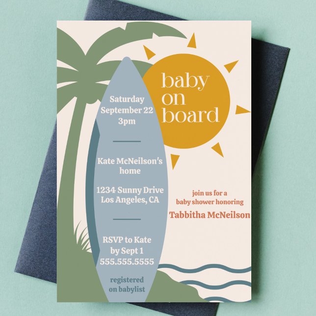 "Baby on Board" Beach Surfing Ocean Baby Shower Invitation ("baby on board" cute surfing ocean theme baby boy shower nautical sea surfboard tropical invitation)