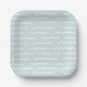 Baby on Board Blue Watercolor Waves Baby Shower Paper Plate