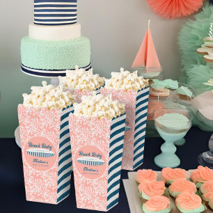Baby on Board Coral & Stripes Baby Shower Popcorn Favour Box