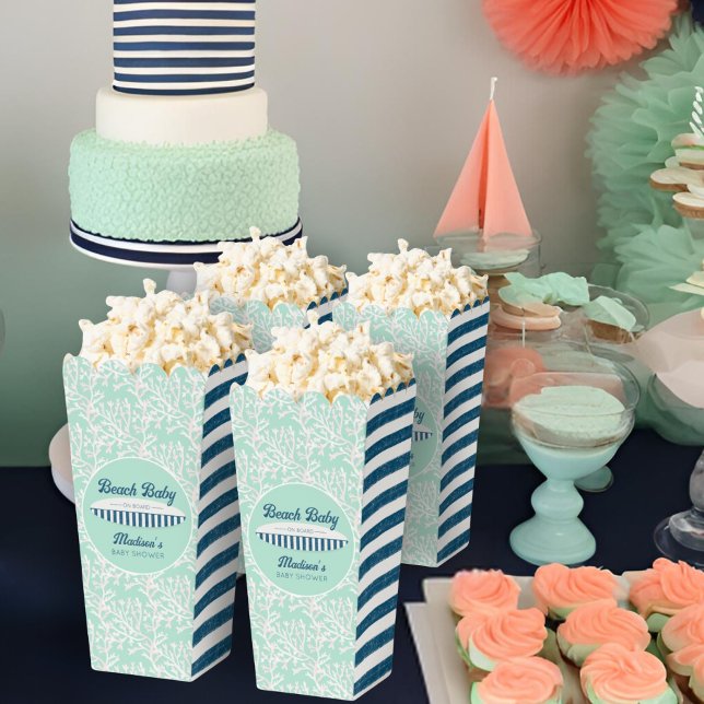 Baby on Board Coral & Stripes Baby Shower Popcorn Favour Box (Creator Uploaded)